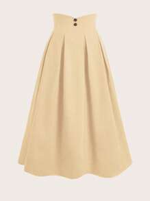 Sweetra Plus Size Women High Waist Button Design Pleated Vintage Commuter Skirt - Beige - View 5