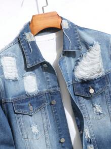 Manfinity Homme Men's Casual Ripped Denim Button-Up Jacket, Autumn - Light Wash - View 3