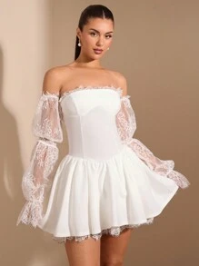 SHEIN BAE Váy trễ vai ren tương phản tay sen thanh lịch cho nữ, thích hợp cho những buổi hẹn hò lãng mạn, sự kiện tiệc, đi chơi thanh lịch, váy dự tiệc, váy dự tiệc cưới, tiệc Giáng sinh, trang phục ngày lễ, mùa thu/đông - trắng - Xem 3