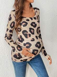 SHEIN Leopard Print Scoop Neck Long Sleeve Casual Maternity T-Shirt, Autumn
