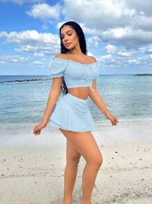 SHEIN SXY Beach;Summer Vacation Outfits Princess Sleeves Ruffle Holiday White Two Pieces Set - Baby Blue - View 5