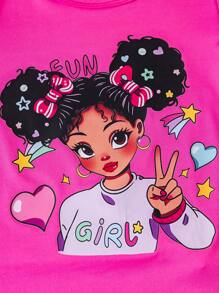 SHEIN 2 件套年轻女孩休闲卡通印花短袖上衣和破洞牛仔短裤套装 - 玫紅色 - 查看 5