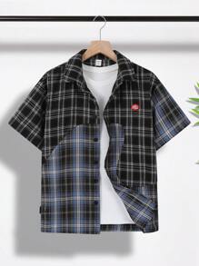 SHEIN 1 件青少年男孩时尚休闲格子拼布长袖编织衬衫，适合日常穿着，年轻风格；春季服装；青少年男孩服装；青少年男孩夹克，春季返校 - 彩色 - 查看 2