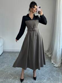 Modelyn 女士优雅撞色拼接二合一连衣裙，秋冬长款晚礼服 - 灰色 - 查看 4