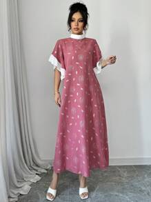 Modelyn Damen Blume Muster Kontrast Farbe Stehkragen Volant Kurzarm Locker Lang Kleid - Pink - Übersicht 4