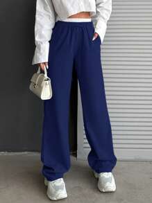 EURMUSE Color Block Elastic Waist Loose Straight Pants For Casual Wear - Navy Blue - View 5