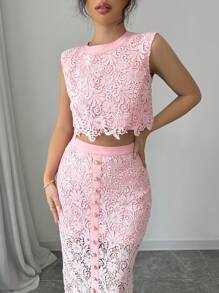Breezaya Pink Lace Luxury Crew Neck High-Quality Slim Fit Coordinated Set