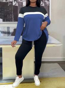 SHEIN LUNE 2pcs Plus Size Solid Color Patchwork Round Neck Long Sleeve Top And Pants Set, Minimalist - Multicolor - View 6