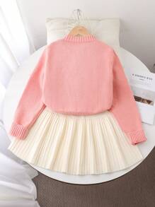 2pcs/Set Tween Girl Winter Outfit: Elegant Bow Knitted Sweater And Pleated Knit Skirt Set