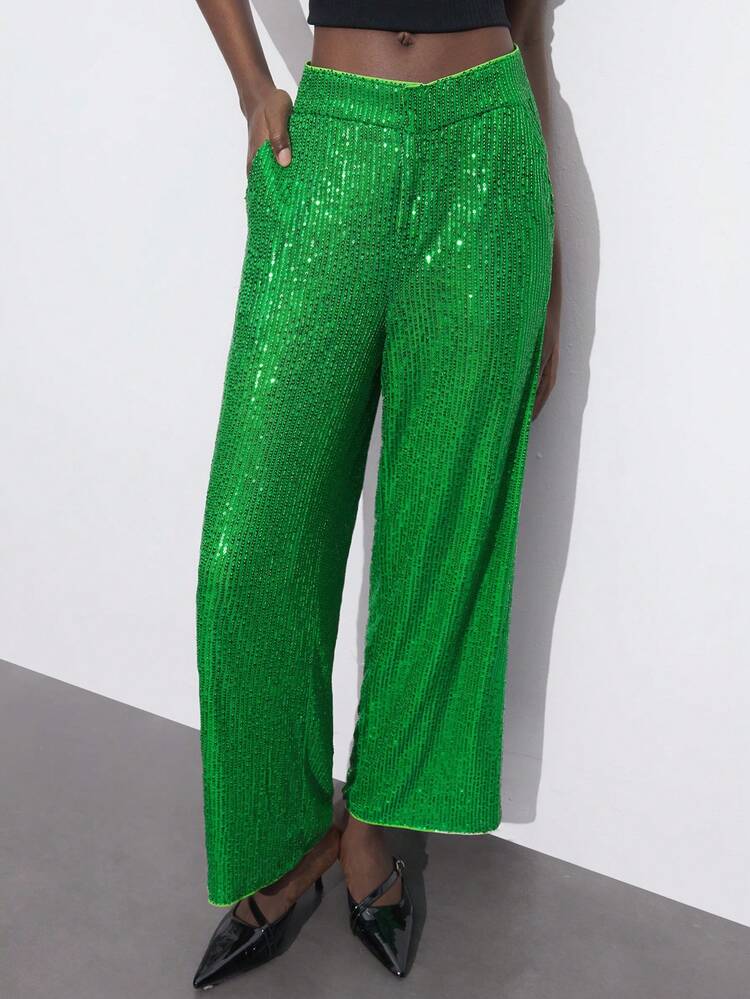 SHEIN Maija Women's Loose Fit, Versatile, Shiny Sequin Embellished Green Long Pants, Christmas Party Valentine's Day,Festival