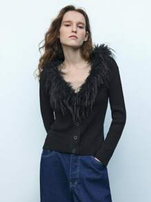 Maija Cárdigan de manga larga ajustado, de escote en V profundo y efecto mullido, de moda urbana versátil para mujer, para Año Nuevo, Día de San Valentín, festivales