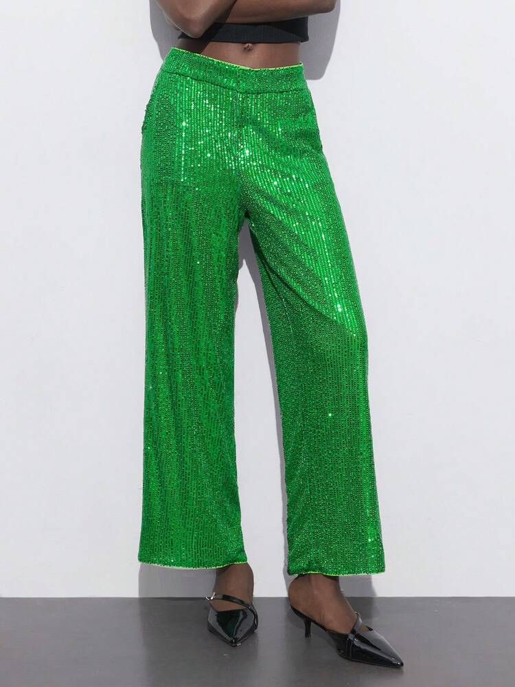 SHEIN Maija Women's Loose Fit, Versatile, Shiny Sequin Embellished Green Long Pants, Christmas Party Valentine's Day,Festival