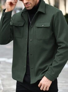 Manfinity Homme Men's Solid Color Long Sleeve Single-Breasted Casual Jacket With Pockets, Autumn/Winter Men Solid Color Jacket Green Men Jacket Dark Green Jacket - Olive Green - View 4