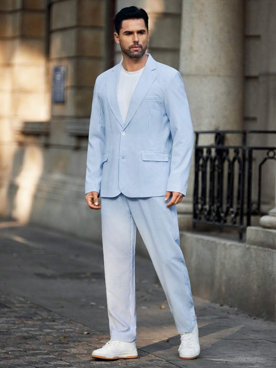 Manfinity Mode Men's Striped Lapel Neck Long Sleeve Jacket And Pants Casual Suit Set, Autumn - Blue - View 1