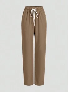 TaskEZ Uniform Set: V-Neck Short Sleeve Tailored Blouse And Drawstring Straight Leg Casual Pants, Scrub Sets - Khaki - View 3