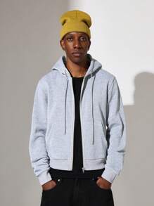 SUMWON Essential Shrunken Fit Zip Up Hoodie Casual Athletic Wear Everyday Basic Winter Fall Layering Piece Kangaroo Pocket Drawstring Hood Streetwear - Grey - View 2