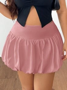 CovetEZ Plus Size Women High Waist Short Ruched Skirt - Pink - View 4