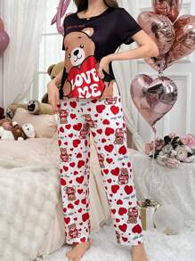 SweetSlumber 情人节撞色爱心印花短袖上衣和裤子女士睡衣套装，圣诞节 - 彩色 - 查看 5