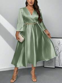Firerie Plus Size Women Romantic Elegant Long Sleeve V-Neck A-Line Midi Dress, Suitable For Bridesmaid, Date, Party, Wedding, Loose Fit