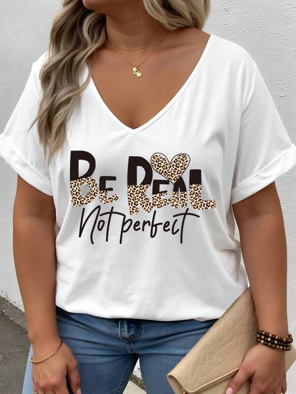 INAWLY Women Plus Size Fashion Leopard Print Letter Printed Loose Short Sleeve V-Neck T-Shirt, Graphic Cheetah Print Tee, Women Summer Top