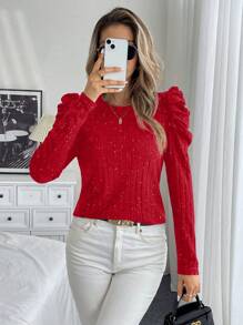 Chiquease Casual Round Neck Puff Sleeve T-Shirt With Flock Spangle Corrugated Detail