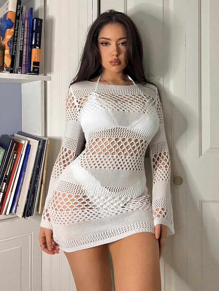 SHEIN Swim Summer Spring Vacation Outfits Woman Crochet Coverup - White - View 1
