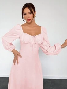 Aloruh Women's New Lantern Sleeve Long Sleeve Fitted A-Line Dress, Autumn/Winter - Pink - View 3