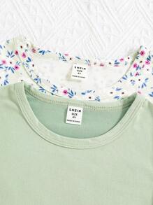 SHEIN 4 件套年轻女孩甜美花卉图案卷边短袖上衣和长裤休闲家居服套装