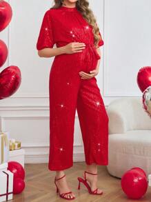 SHEIN Maternity Sequin Elegant Loose Sequin Jumpsuit - Red - View 5