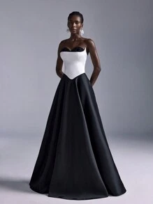 Elitara Elegant Black & White Color Blocking Luxury Sequin Decor A-Line Lace Up Back Formal Evening Gown, Wedding Guest Dress, Party Dress - Black and White - View 7