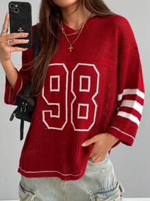 Coolane Jersey oversize de punto con rayas y estampado de números de manga 3/4 como cubridor, para primavera/verano, para el Día de San Valentín/Nochevieja