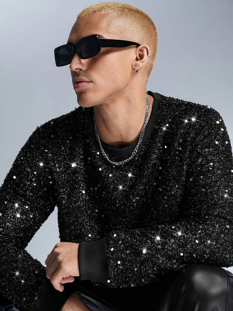 Manfinity VCAY Unisex Fashionable Sequin Shoulder Round Neck Pullover Sweatshirt - Black - View 1