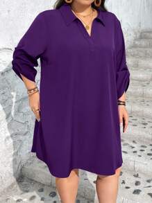 SHEIN CURVE+ CURVE PLUS Plus Size Women Purple Autumn Casual Lougewear Long Sleeve Shirt Collar Dress,Autumn Outfits For Women - Purple - View 4