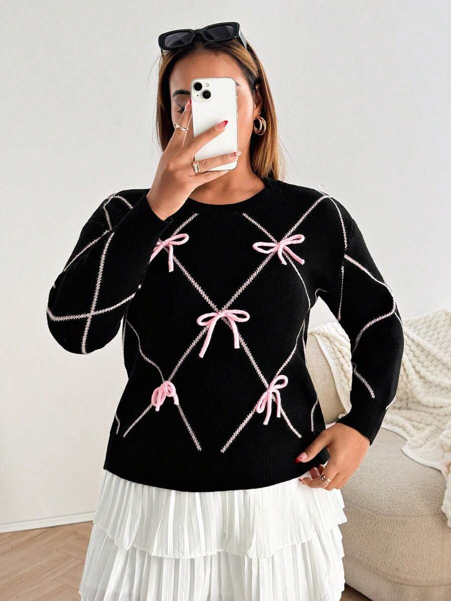 Flirla Plus Size Women Bow Decor Round Neck Long Sleeve Casual Knitted Pullover Sweater, Autumn/Winter Fall - Grey - View 1