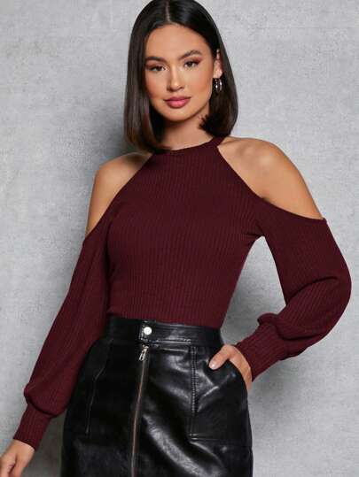 Firerie Camiseta casual de manga larga con hombros descubiertos y costilla de unicolor para mujer, otoño