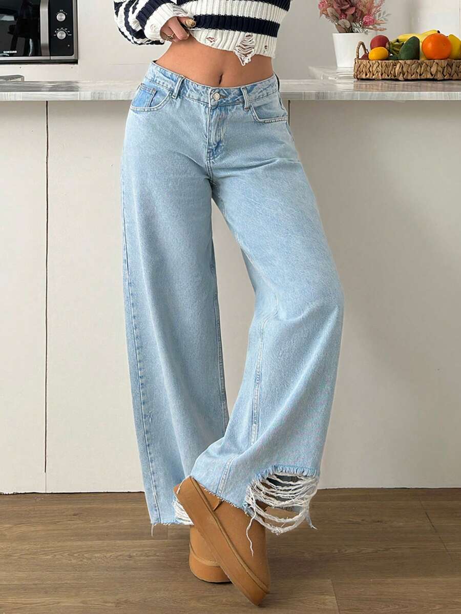 EURMUSE Water-Washed Distressed Loose Straight Leg Jeans - Light Wash - View 1