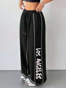 Coolane Women's Fall Sportswear Game Day Contrast Piping Graphics Wide Leg Sweatpants - Black - View 6