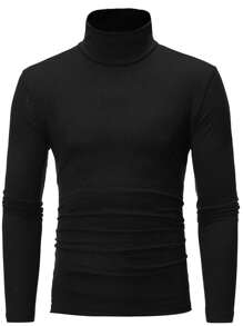 Manfinity Homme Men High Neck Long Sleeve Plain Tee, For Going Out, Fall - Black - View 3