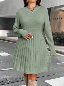 Celure Plus Size Women Elegant Solid Color Umbrella Hem Sweater Dress, For Autumn For New Year Clothes - Green - View 1