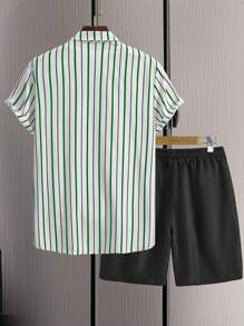Manfinity Homme 2 件套男士撞色条纹短袖衬衫和纯色短裤套装