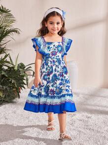 Kleine Mädchen Figurbetontes Lässig Kleid mit Blumenmuster, Rundhalsausschnitt, Rüschenärmeln - Blau - Übersicht 3