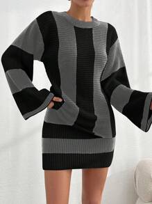 EURMUSE Women Striped Knit Design Oversize Sweater And Knit Skirt Set - Grey - View 4