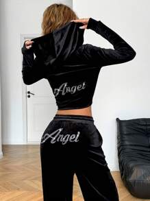 SHEIN Tween Girls Casual & Elegant Zwart Fluwelen Strass Versierde Capuchon Rits Top En Zak Broek Casual Sport Pak 2-delige Set, Geschikt Voor Dagelijkse Herfst Winterkleding, Terug Naar School, Casual Gelegenheden