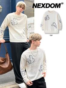 SHEIN Casual Loose Comfortable Versatile Warm Cute Fingerprint Pattern Crewneck Sweater For Teen Boys, Suitable For Autumn, Winter, Home And Outings - White - View 3