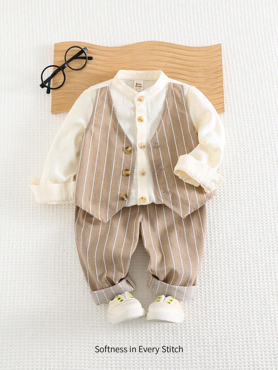 Cozy Pixies 2pcs/Set Baby Boy Lapel Collar Long Sleeve Cardigan Top And Elastic Waist Solid Color Pants Set - Khaki - View 1