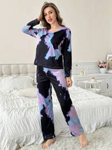 Tie-Dye Print Casual Women Long Sleeve And Long Pants Pajama Set