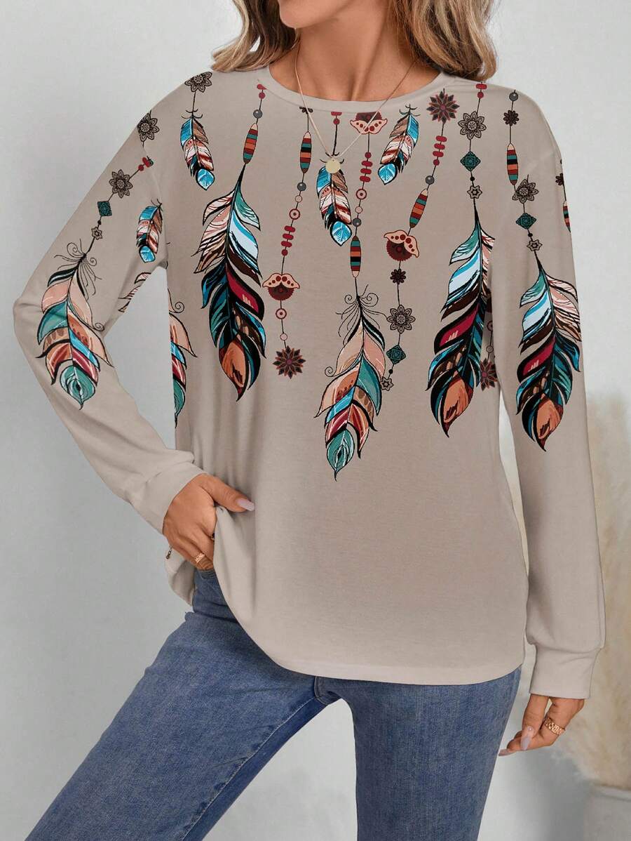 SHEIN LUNE Westlicher Cowboy Langarm Damen T-Shirt mit buntem Federn- und Kettenmuster, geeignet für Herbst/Winter