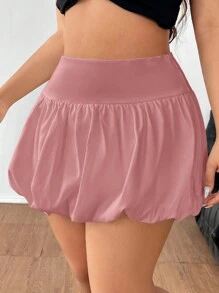 CovetEZ Plus Size Women High Waist Short Ruched Skirt - Pink - View 5