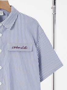 SHEIN 1 件青少年男孩休闲条纹印花宽松短袖衬衫，适合春夏季，青少年男孩春季返校服装 - 彩色 - 查看 5