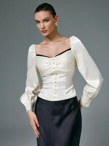Poéselle Blusa de satén con mangas de farol, adornos de encaje negro y contraste de satén para mujer elegante, ropa de mujer para Navidad, blusa de manga larga, ropa de mujer de negocios, ropa de mujer de otoño e invierno